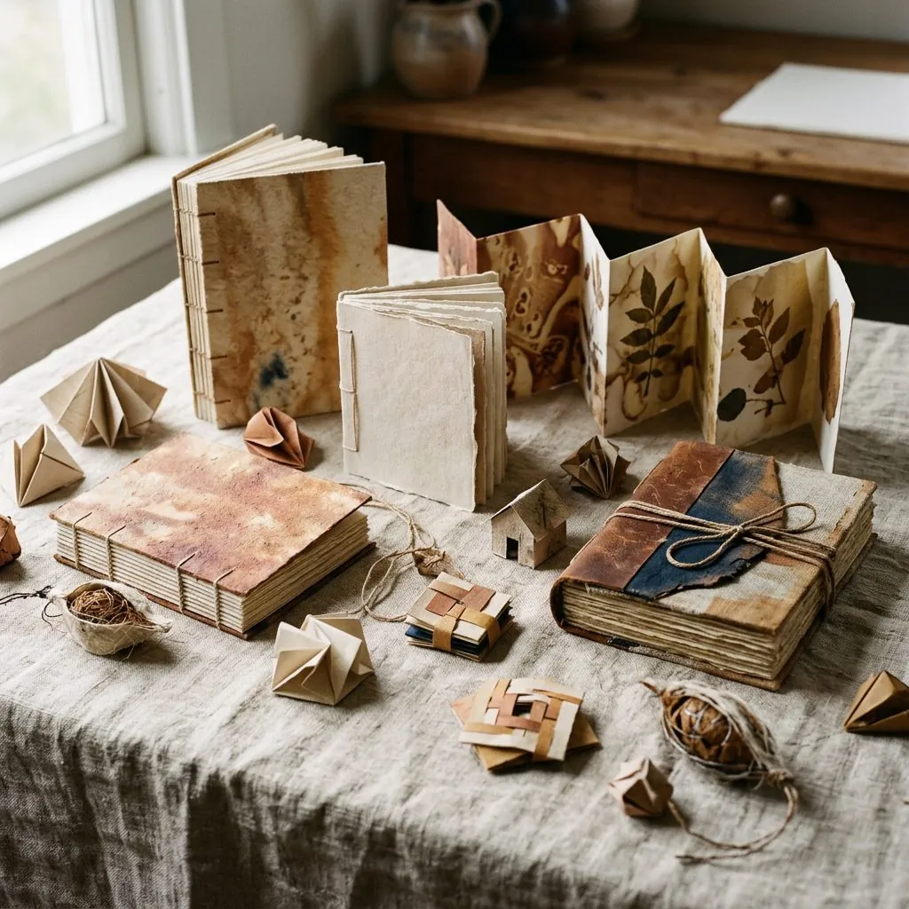 A miniature room diorama beside a stack of handmade journals